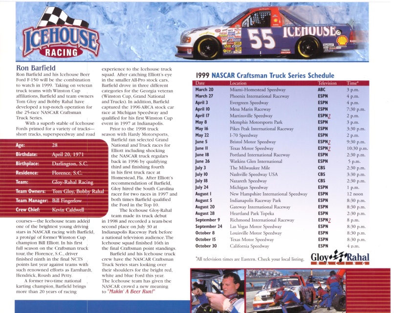 Ron Barfield #55 1999 Ice House Beer Ford F-150 Craftsman Series Race ...